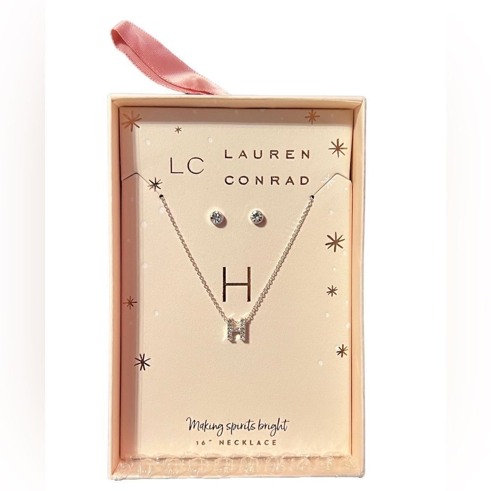 NWT LC Lauren Conrad Christmas Ornament Rhinestone H Necklace And Stud Earrings